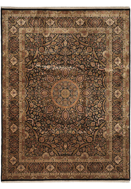 Black Sheik Safi medallion rug with gold, beige and sage floral field and layered borders