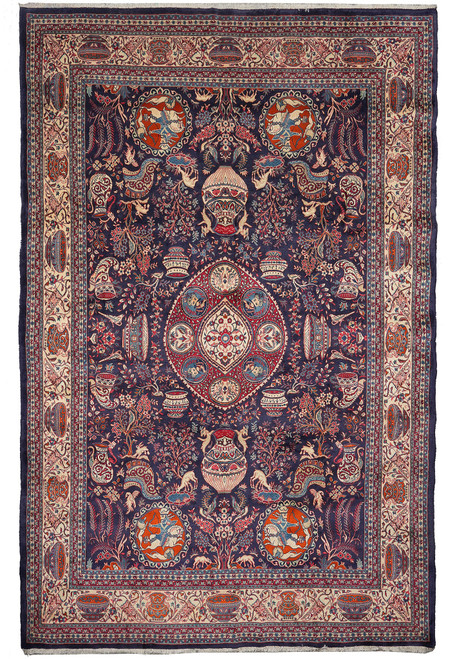 8'6" x 12'6" Persian Kashmar pictorial rug shown flat with navy field and red medallion