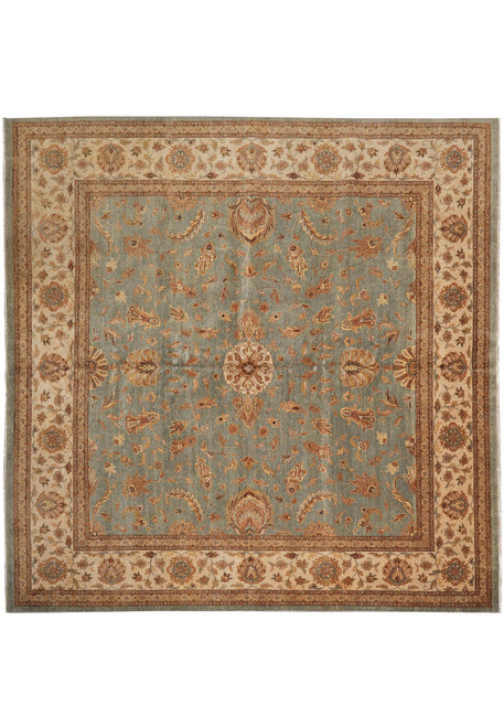 Sage green square Ziegler rug with ivory floral border and small central rosette medallion