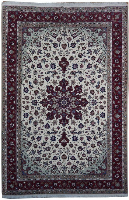 Overhead view of 6'7" x 9'8" Persian Tabriz rug with ivory floral field and burgundy border