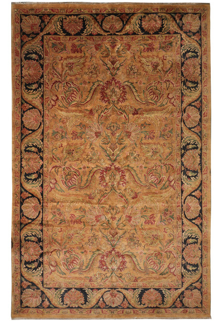 Overhead full view of gold Zigler rug with black floral border and ivory fringe