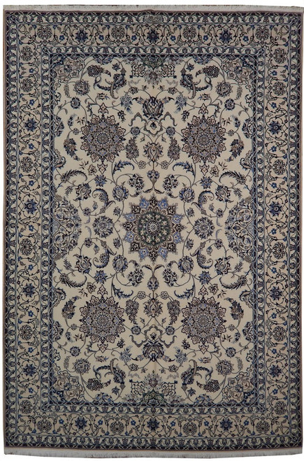 Ivory 6'9" x 9'8" Persian Nain rug with blue star medallion and dense floral vine field