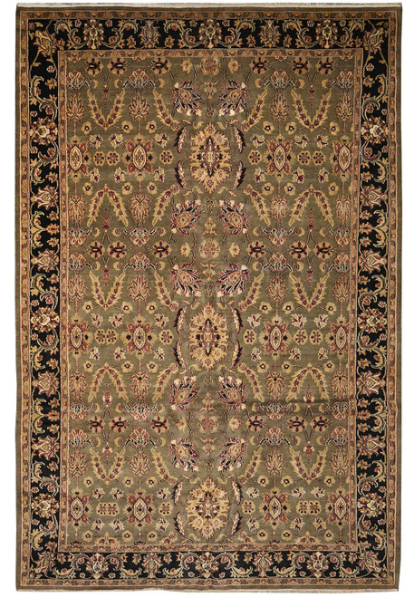Full overhead view of 12' x 17'9" sage green Oriental rug with black floral border
