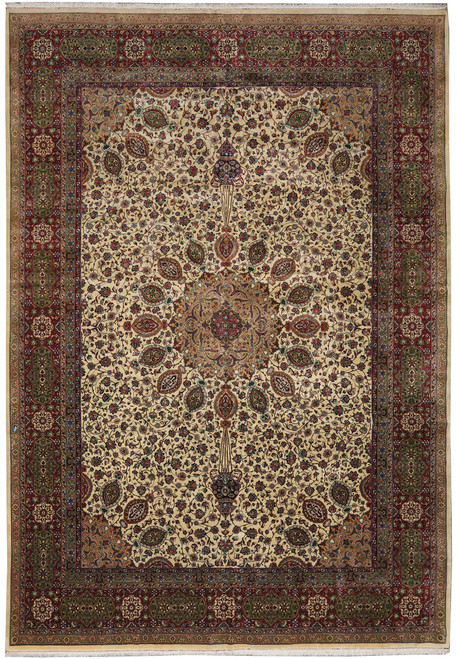 11'8" x 16'3" Persian Tabriz rug, full overhead view of ivory field and burgundy border