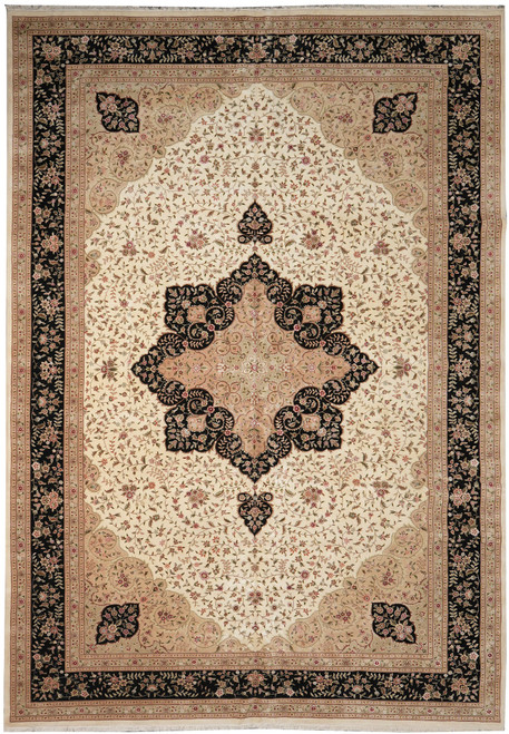 Cream and black 12x18 oversize Oriental rug with ornate Tabriz-design central medallion and floral border