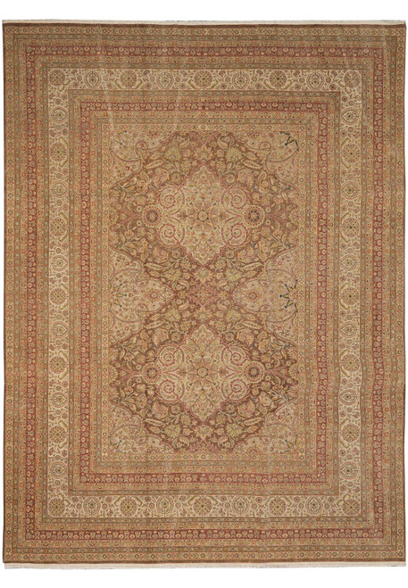 Brown field 9x12 Oriental Haji Jalili rug with ivory floral medallion and layered borders