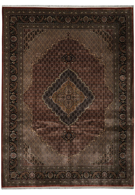 Rust and black Tabriz Mahi design rug with fish pattern field and floral black border