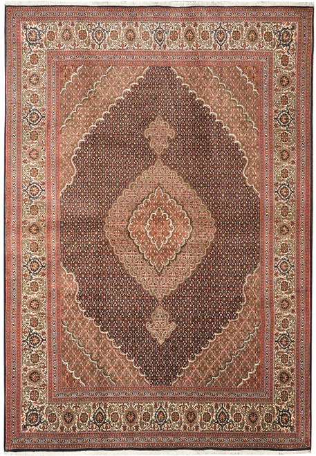 Full overhead view of 6'7 x 9'10 Persian Tabriz Mahi rug with brown herati field