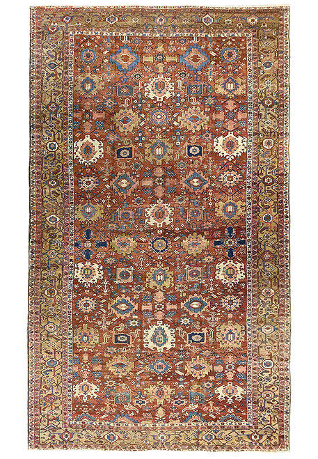 Full view of 11'2" x 18'7" antique Persian Heriz Karaja rug with rust all-over field