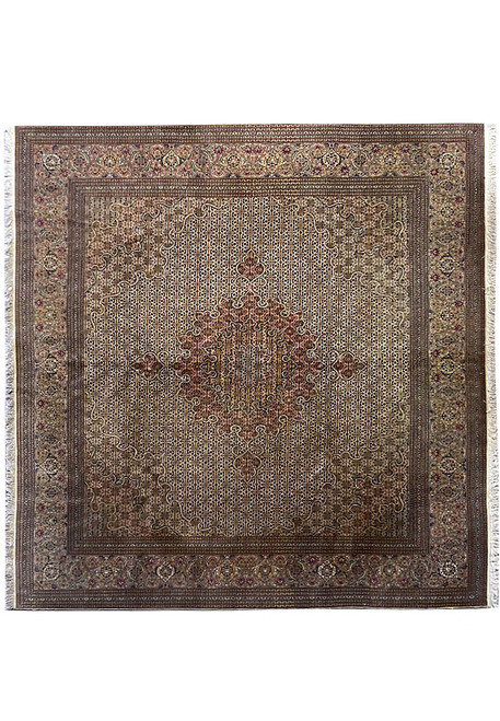Full square Persian Tabriz Mahi rug with ivory herati field and coral center medallion
