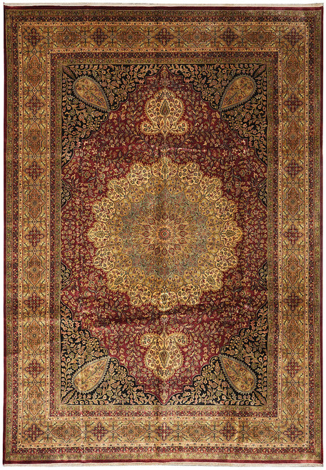 Full overhead view of 10' x 14' burgundy Tabriz Haji design rug with gold floral medallion