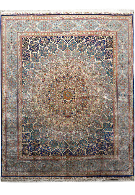 Full view of 8 x 10 silk Oriental rug with radiant dome medallion in blue and ivory