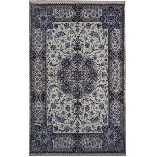 7' x 11'2" Persian Nain rug shown flat with ivory field, navy medallion and floral borders