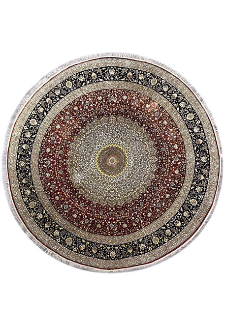 Round 10x10 silk rug with ivory dome medallion, deep red field and black floral border