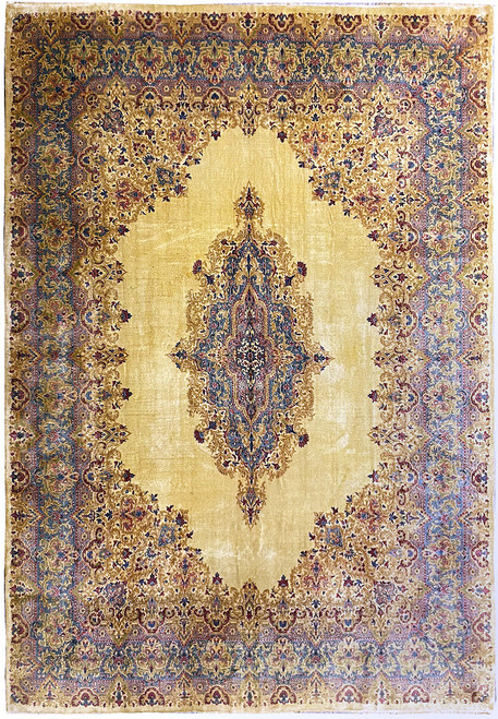 12x16 antique Persian Kerman rug with butter field, blue medallion and richly floral wide border