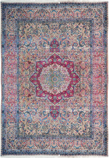 Antique Persian Kermanshah rug with dusty red lobed medallion on ivory field and navy floral borders