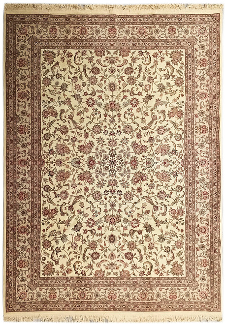 Ivory Tabriz design rug with all over floral vines, rose and burgundy blossoms, mauve borders