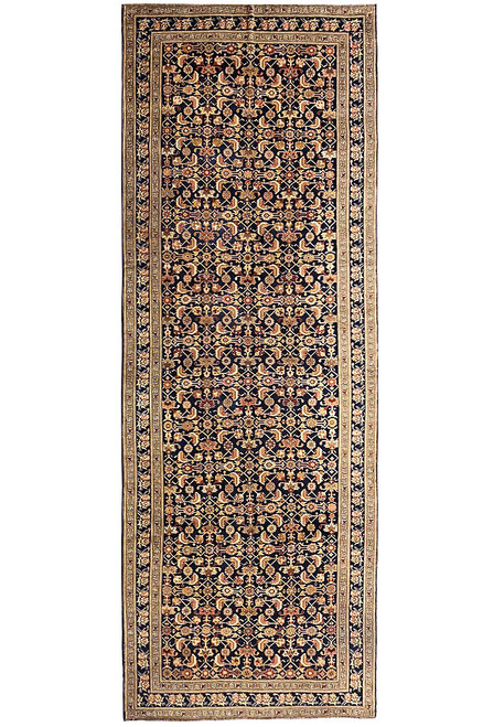 Full view of 7 x 19 Persian Mahal runner with midnight blue Herati field and beige border
