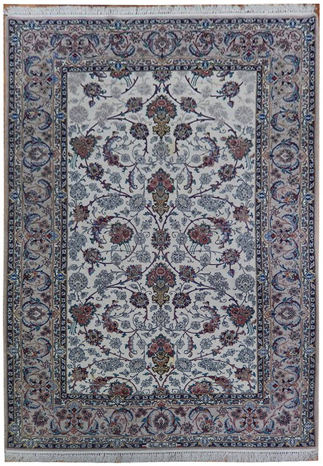 5x8 Persian Isfahan rug shown flat, ivory field with all-over floral vines and navy border
