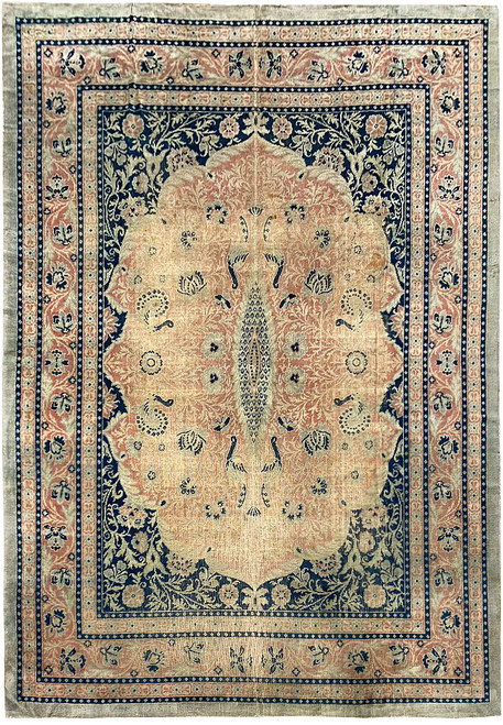 9'5" x 12'2" antique Turkish Kayseri rug shown flat with camel field and navy floral border
