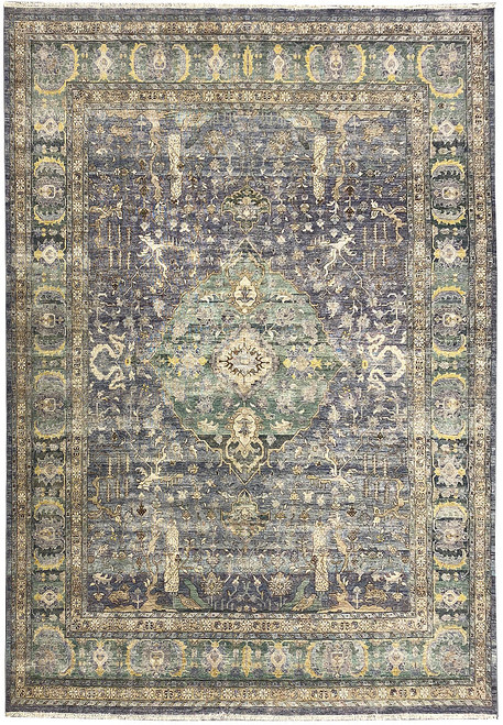 Gray and green 12' x 15' Oushak design rug shown flat with sage medallion and ivory border