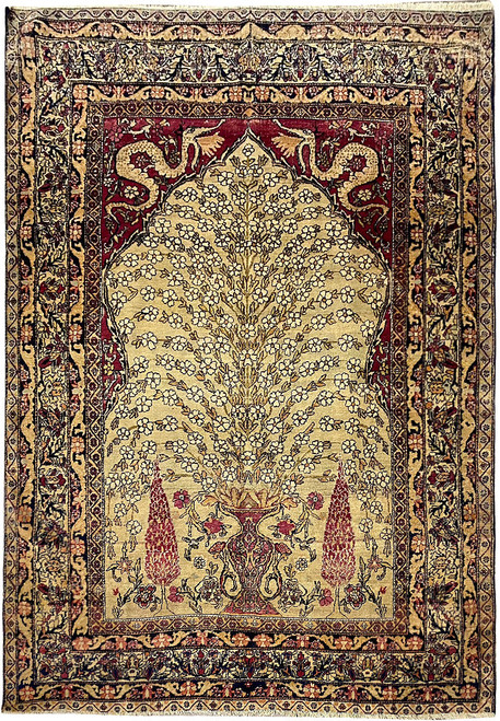 Antique 4'3" x 6' Persian Tehran prayer rug with beige field, flowering tree of life, navy borders