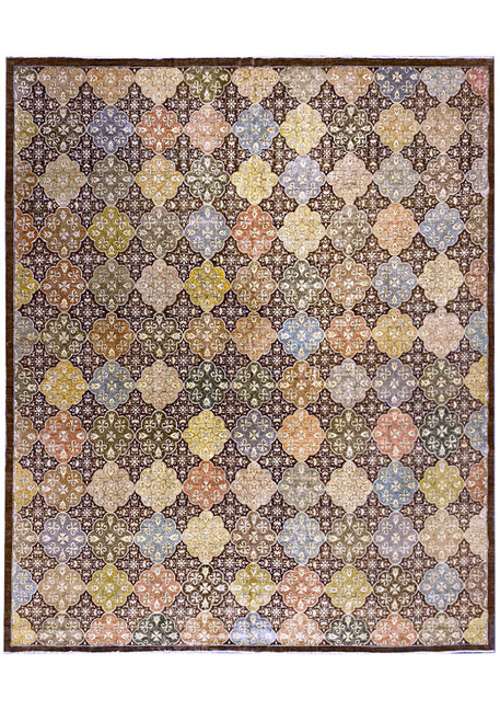 12'10" x 15'7" Ziegler oriental rug shown flat with multicolor quatrefoil lattice on brown field
