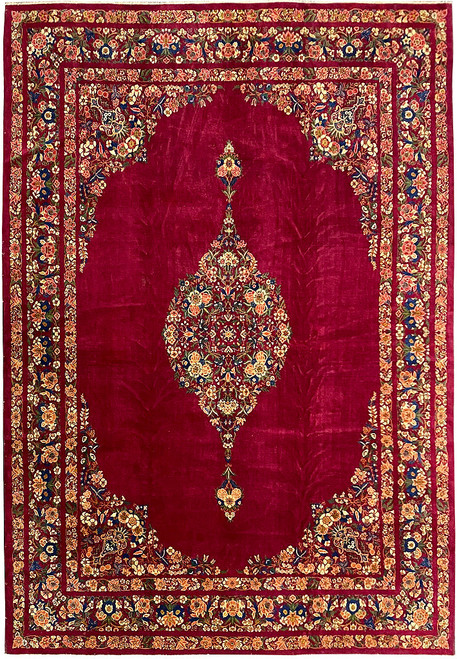 10'4" x 14'1" Persian Kerman rug with burgundy pomegranate open field and floral medallion