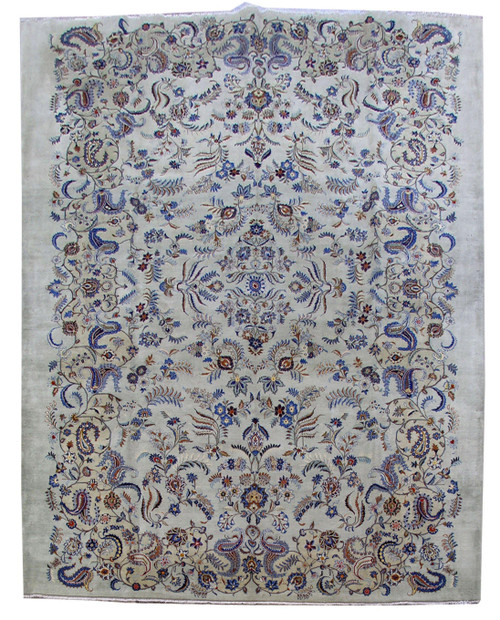 10'6" x 13'7" Persian Kashan rug with silver field, blue floral vines and paisley boteh