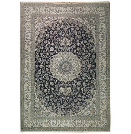 Midnight blue and ivory Persian Nain rug with central medallion and wide ivory floral border