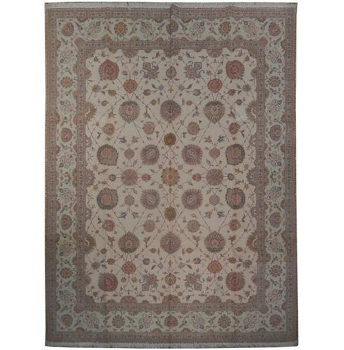 Ivory Persian Tabriz rug with all-over rosette field and pale green floral border, full view