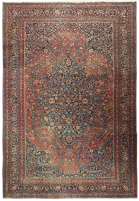 Antique Persian Tabriz rug with brick field, navy lobed medallion and dense floral borders, full view