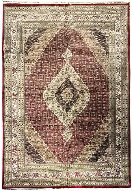 Burgundy Tabriz Mahi design rug with ivory diamond medallion and layered ivory guard borders