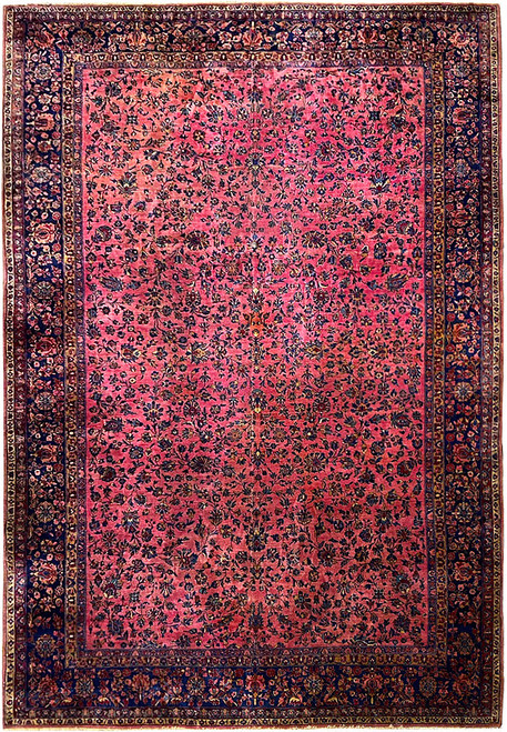 Full overhead view of 9'9" x 15' antique Persian Kashan rug with rose red allover floral field