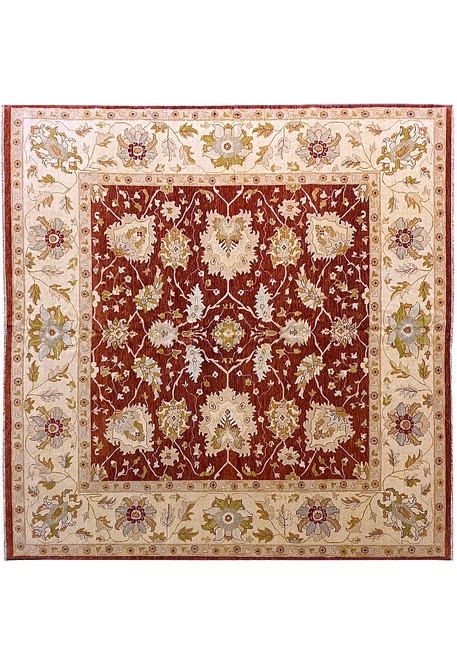 Full overhead view of 11'8 x 12 square Soltanabad rug with orange red field and ivory border