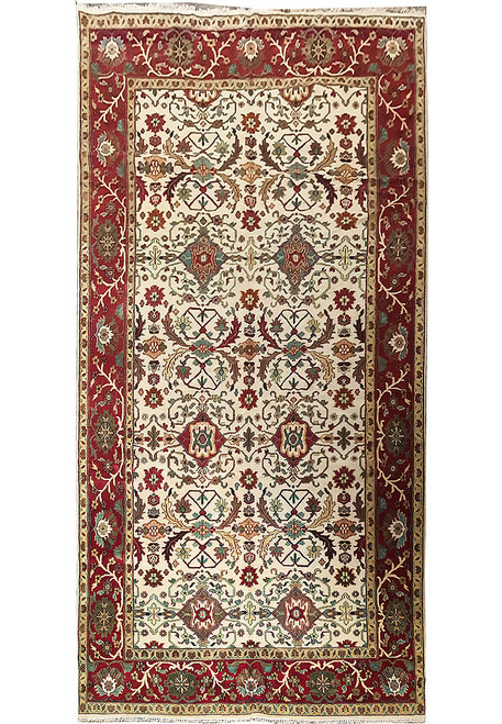 Full view of 9 x 18 ivory and burgundy Zigler rug with all-over floral lattice