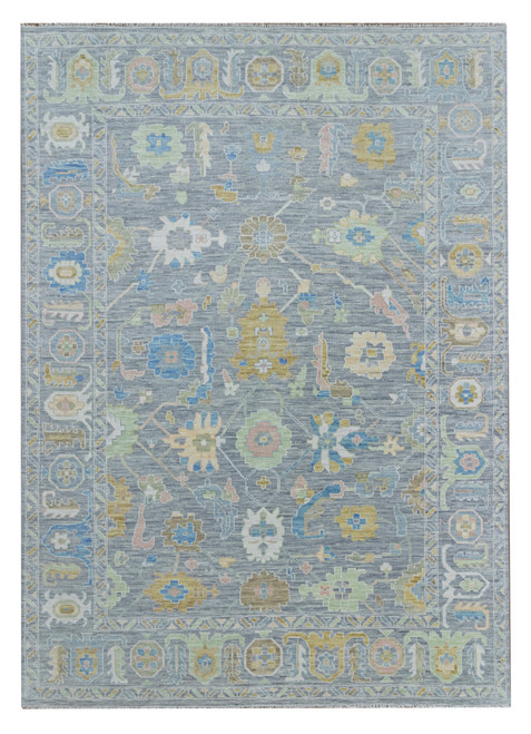 Slate blue and gray 12x18 Oushak rug with gold, green and ivory all-over floral pattern