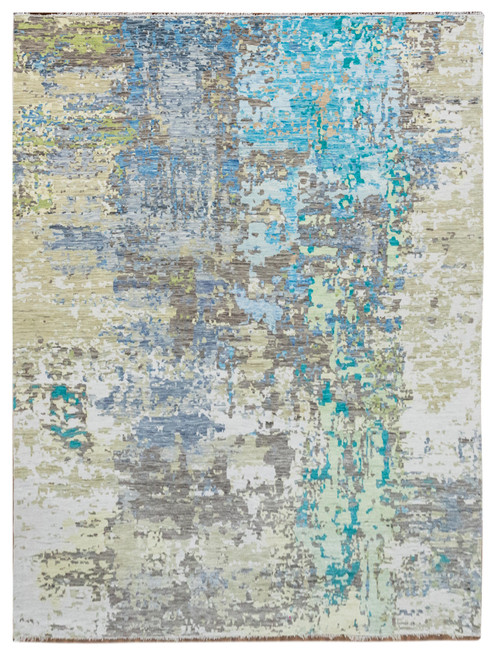 11'11" x 14'7" modern abstract rug in gray, blue, turquoise and green wool