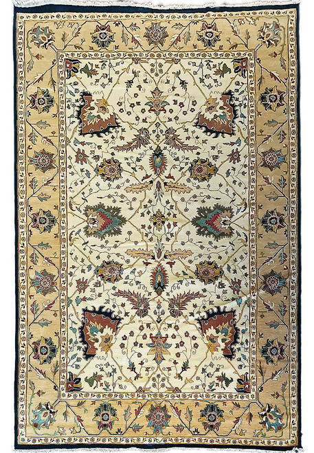 Ivory field Oushak design rug with camel gold border and navy outer edge, all-over floral pattern