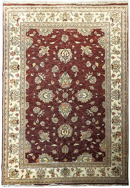 Burgundy Ziegler Chobi rug photographed flat, ivory floral border framing an all over palmette field