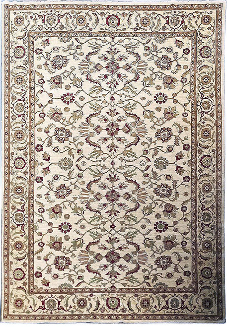 Ivory Chobi Peshawar rug shown flat with all-over floral vine field and beige main border