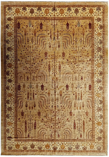 Full overhead view of sage green Peshawar rug with rust tree of life motifs and ivory border