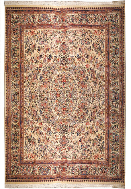 Full overhead view of ivory 9x12 Aubusson Oriental rug with dense floral field and blue border