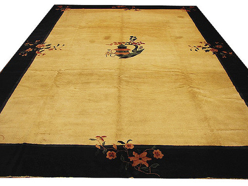 9'10" x 14' Chinese Art Deco rug in golden tan with black border and pagoda