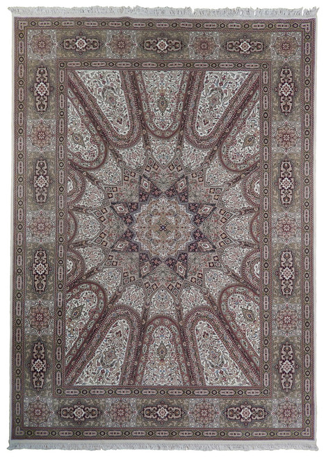 Ivory Isfahan design rug with 12 point star dome medallion and sage green floral border