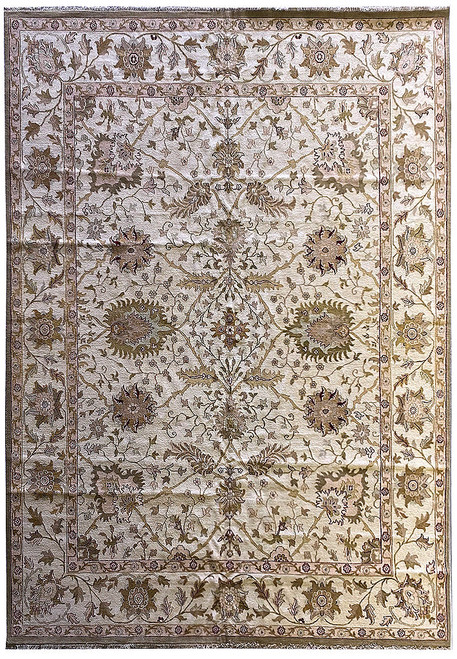 Full view of the 12' x 15'4" ivory Oushak rug with all-over palmette and vine design