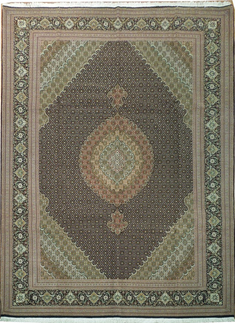 Ivory and charcoal Persian Tabriz Mahi rug with fish pattern field and black floral border