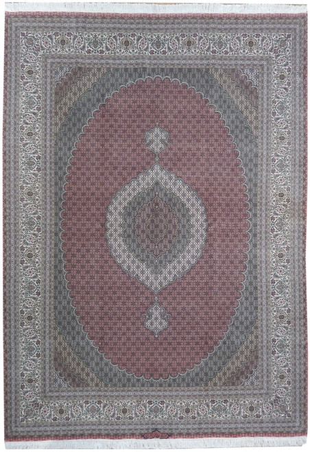 8'3 x 11'2 Persian Tabriz Mahi rug shown flat with rust red Herati field and ivory border