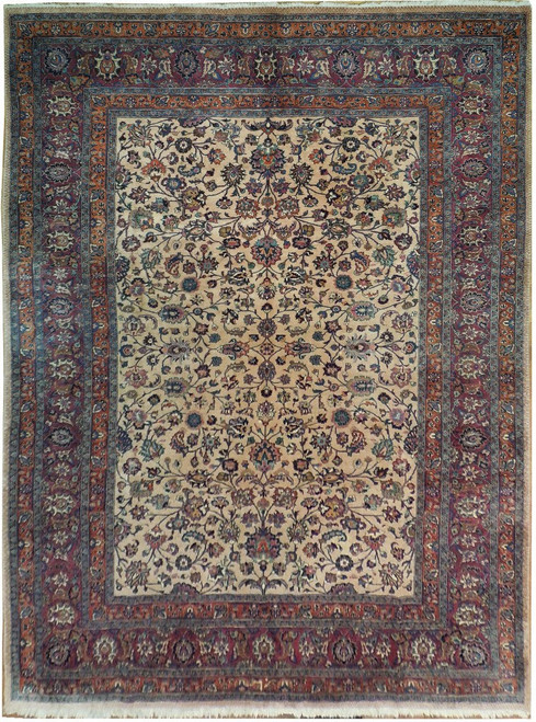 Beige all-over floral Persian Kashan rug with burgundy main border and navy vine tracery, full view