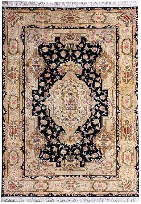 6'9" x 9'11" Persian Tabriz rug shown flat with black floral field and ivory medallion